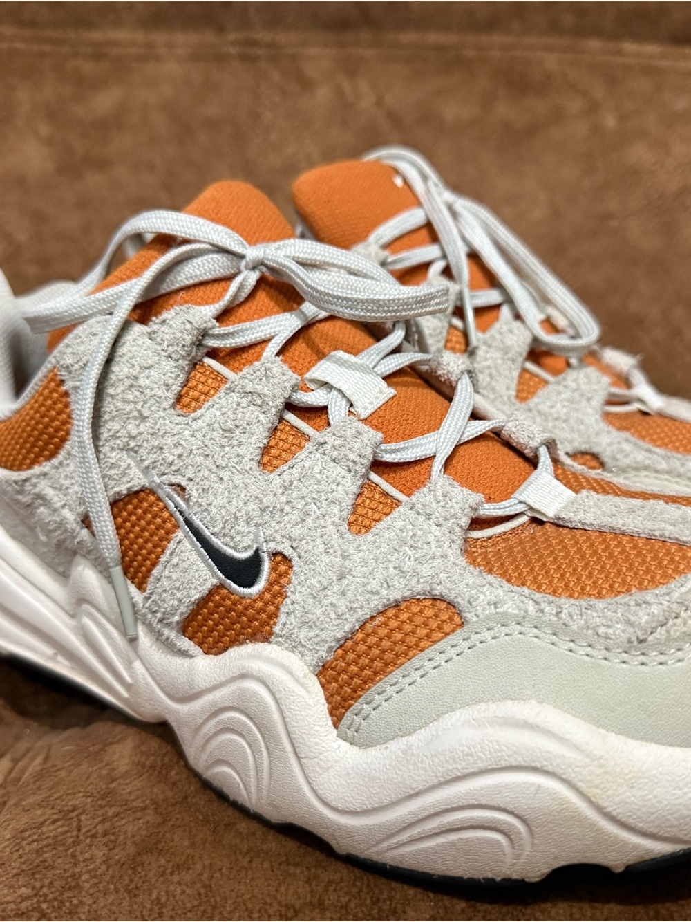 Nike V2K Max sneakers in Orange Mesh and Light Gray Suede Women's Sneaker